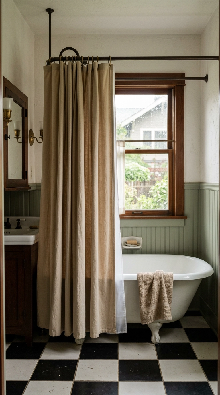 Heavy sand cotton canvas shower curtain with deep folds beside a claw-foot tub and sage wainscot