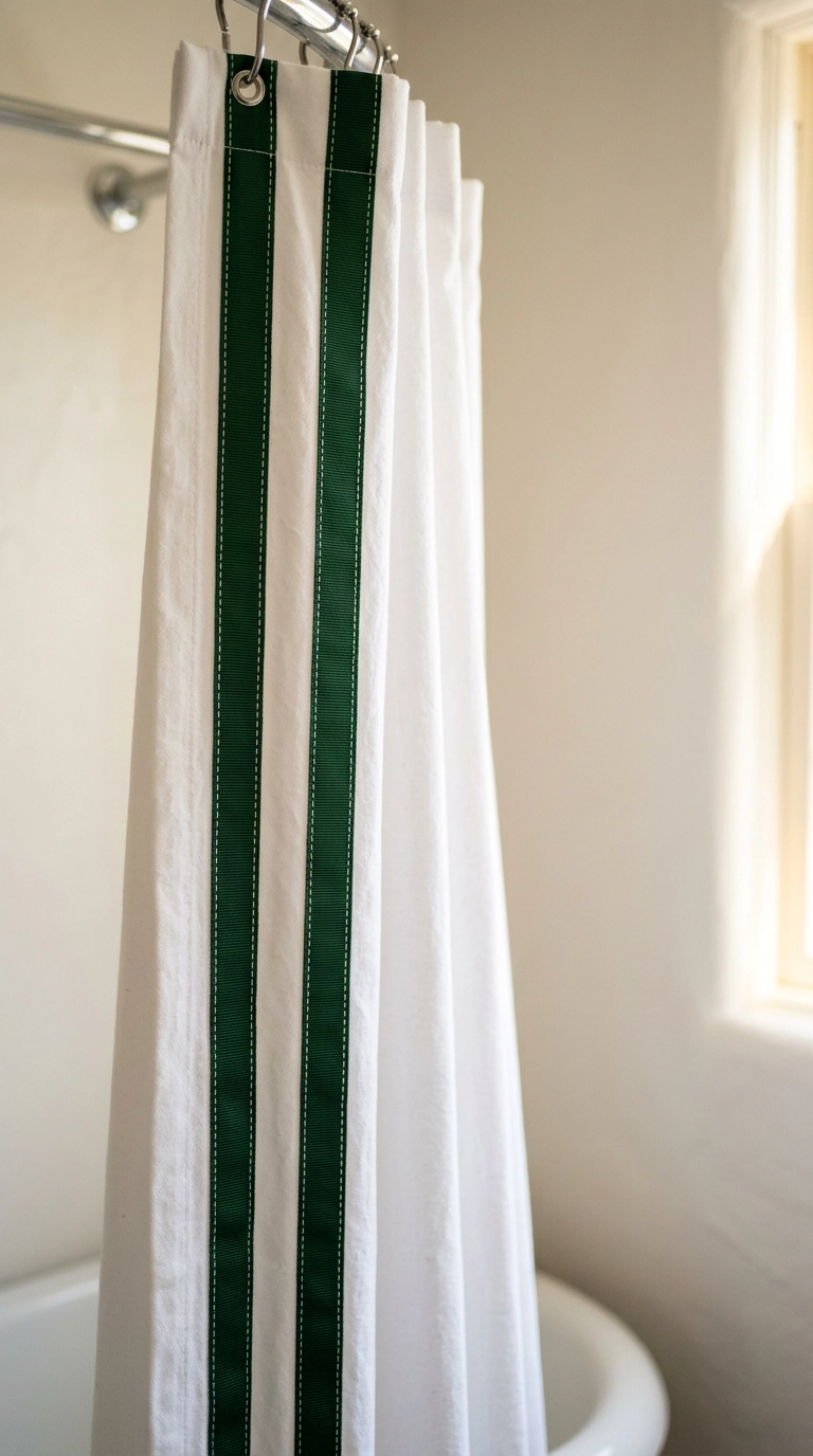 Deep green grosgrain ribbon trim stitched onto the edge of a plain white shower curtain