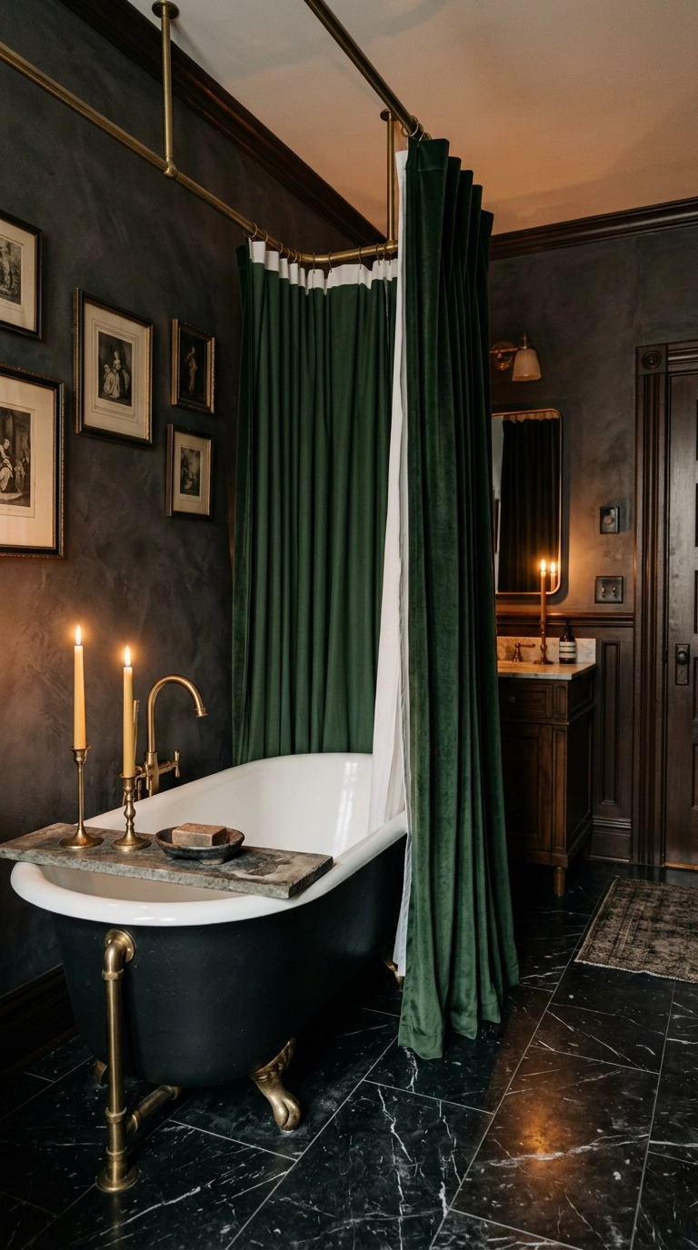 Deep forest green velvet shower curtain with heavy folds on a matte brass rod in a dark bathroom