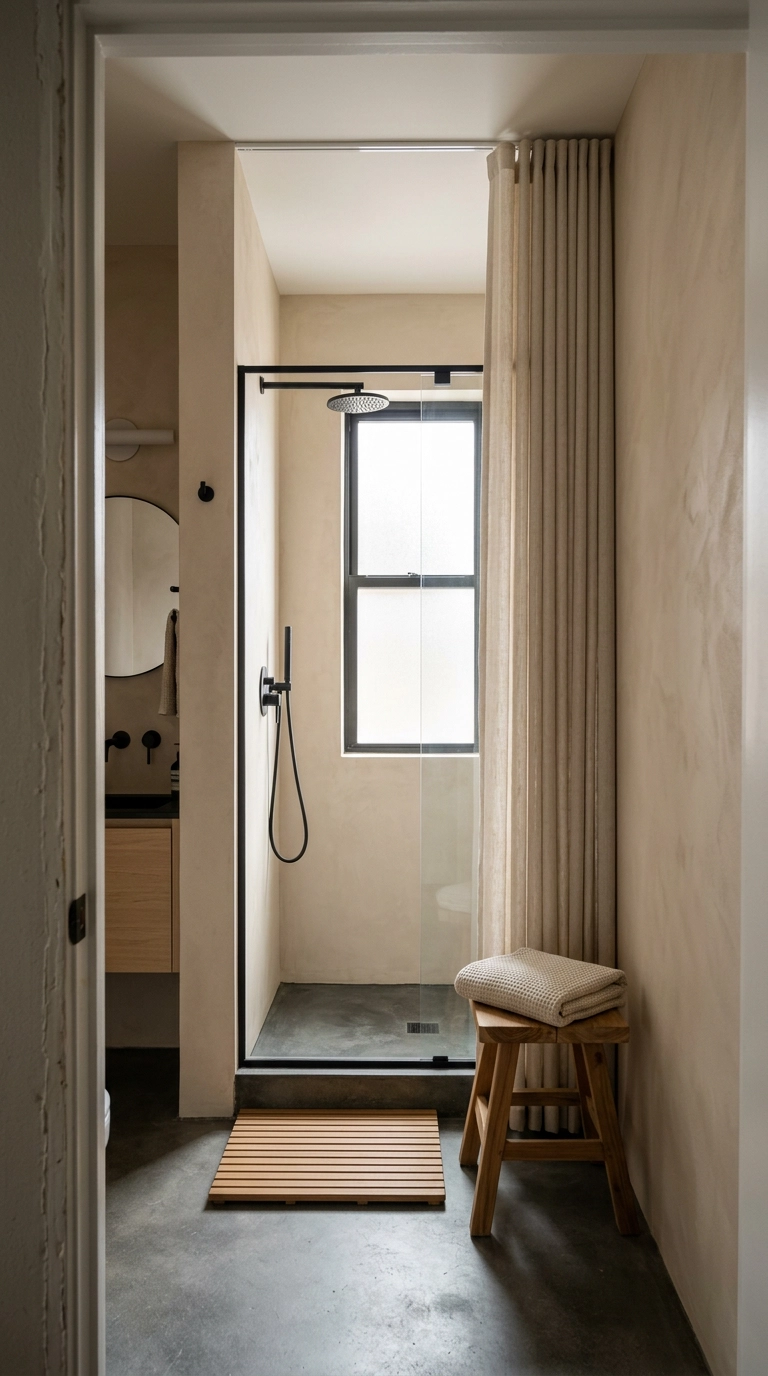 Ceiling-mounted curtain track with a floor-length oatmeal curtain in a narrow condo bathroom