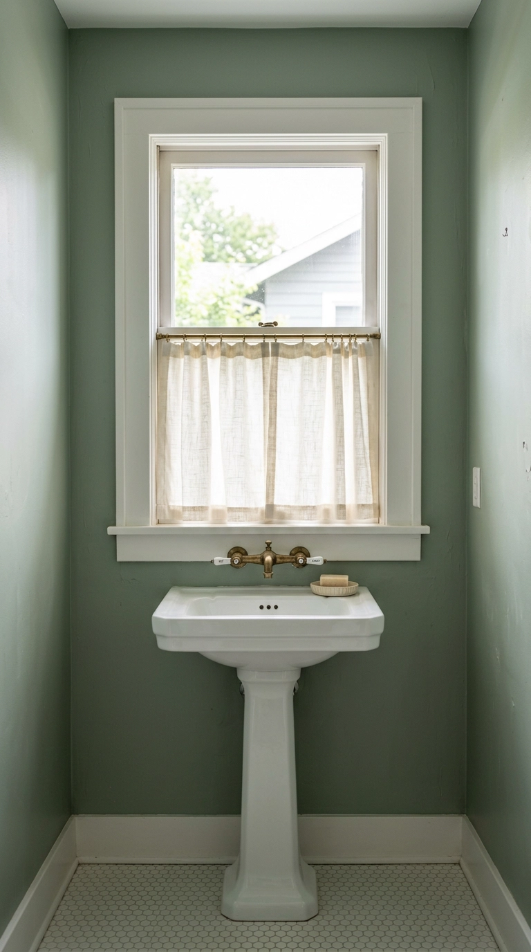 Ivory cafe curtain on the lower half of a bathroom window above a white pedestal sink