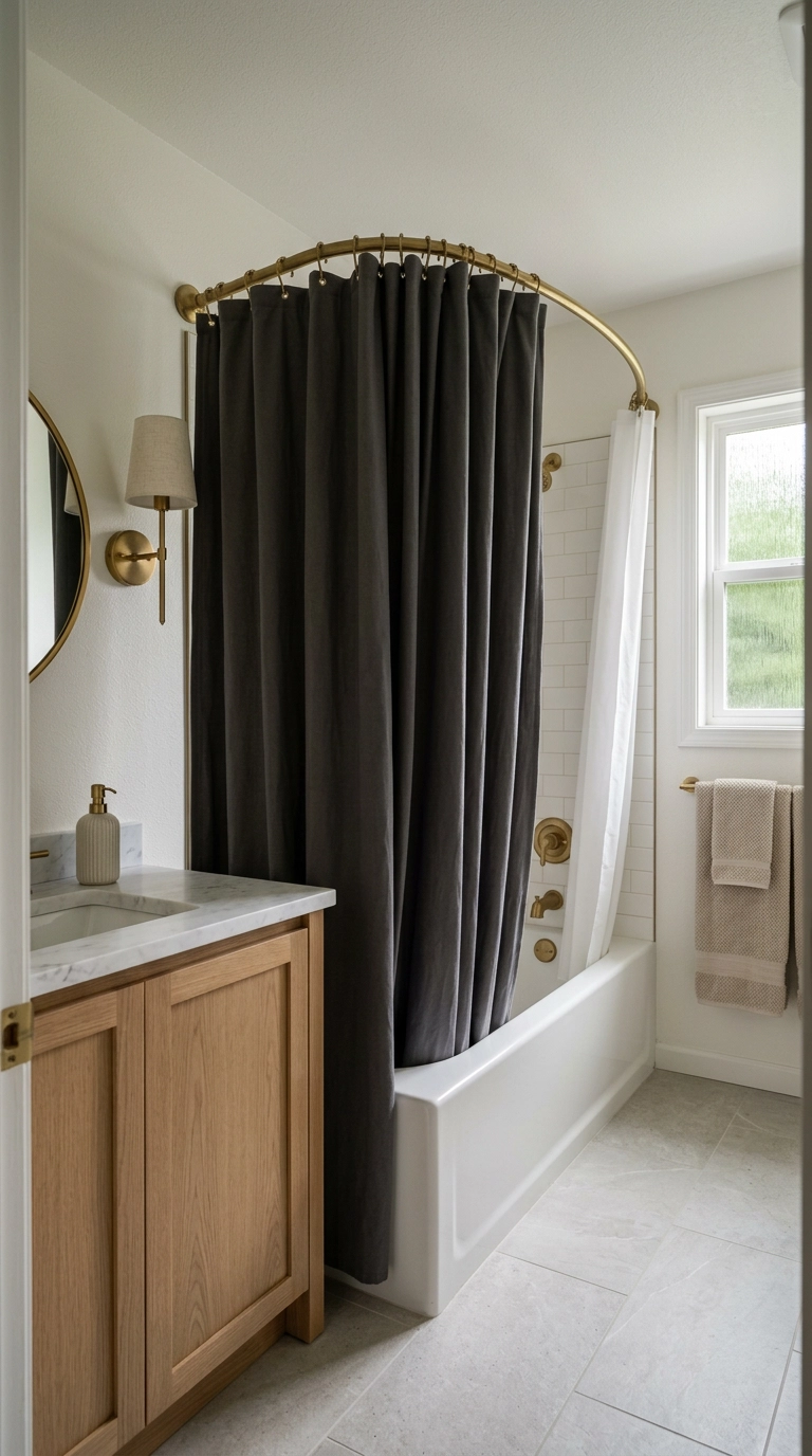 Brushed brass curved shower rod with a charcoal grey curtain over a white alcove tub
