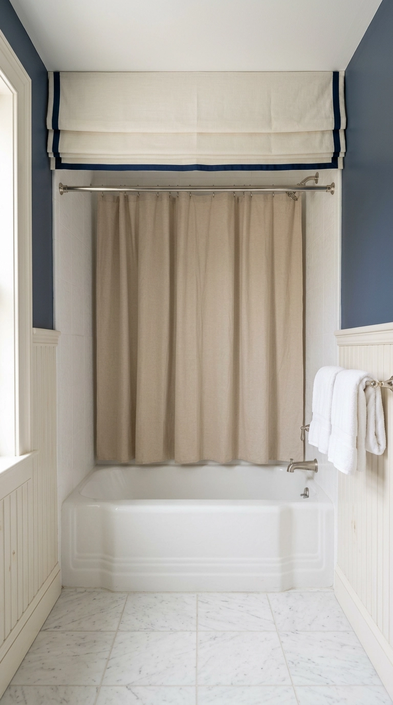 Ivory faux roman valance with navy trim mounted above a sand shower curtain in a coastal bathroom