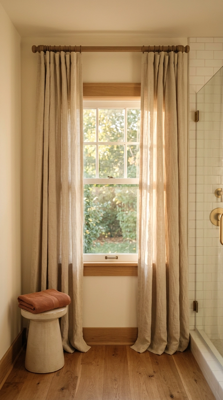 Two oat-colored linen-look polyester window panels flanking a sash window in a craftsman bathroom