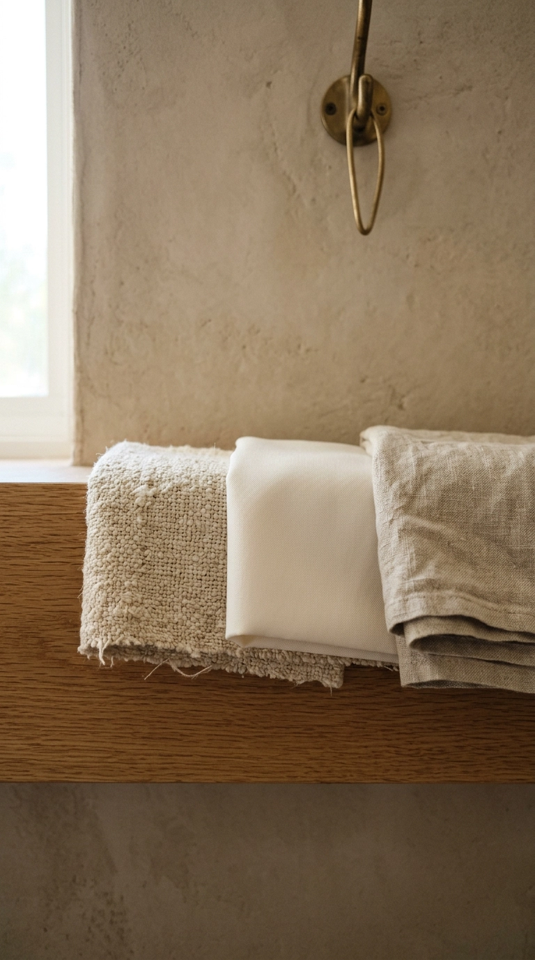 Three folded shower curtain fabric swatches in hemp, polyester and linen-look on an oak ledge
