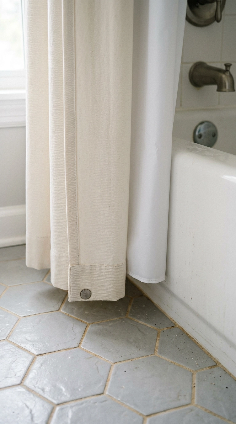 Weighted straight hem of an ivory shower curtain hanging beside a white alcove tub edge