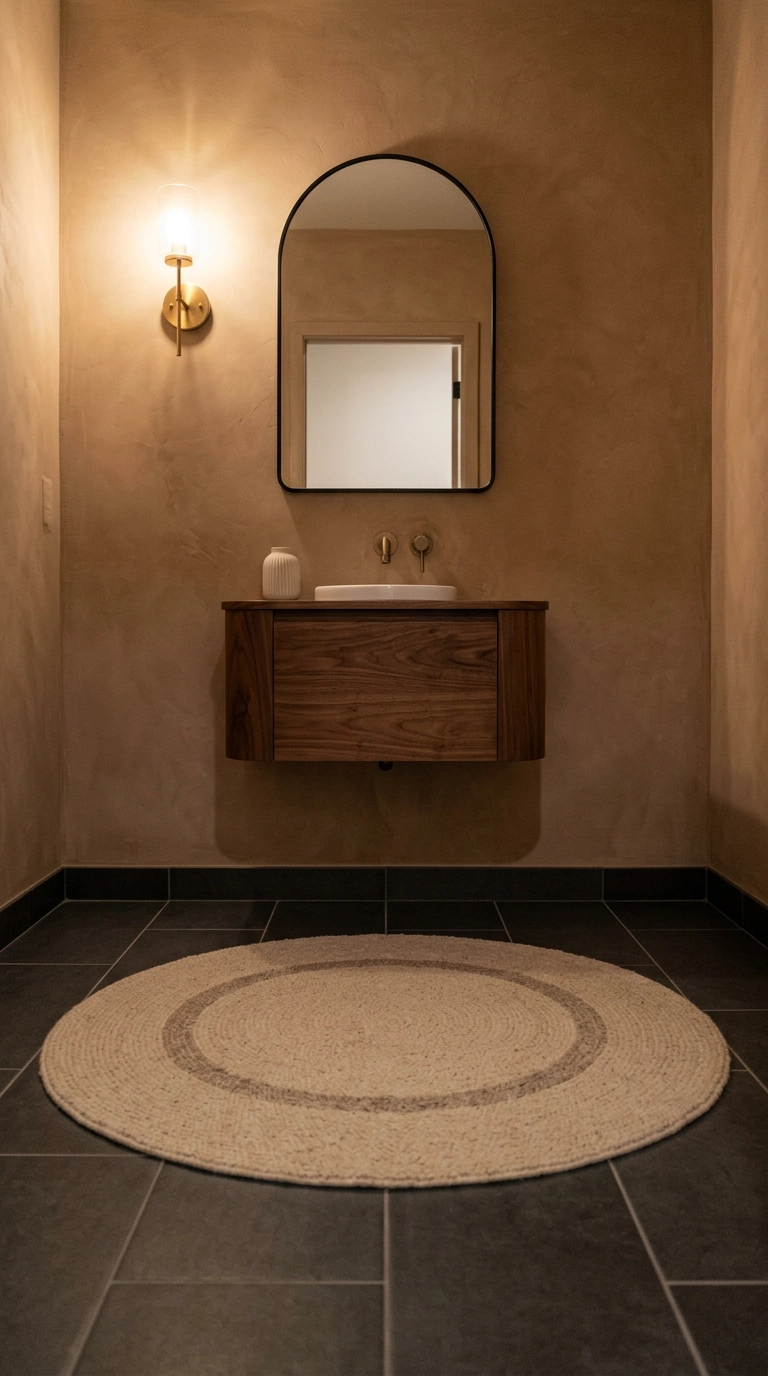 Round bone-colored rug centered on charcoal tile in a small organic powder room