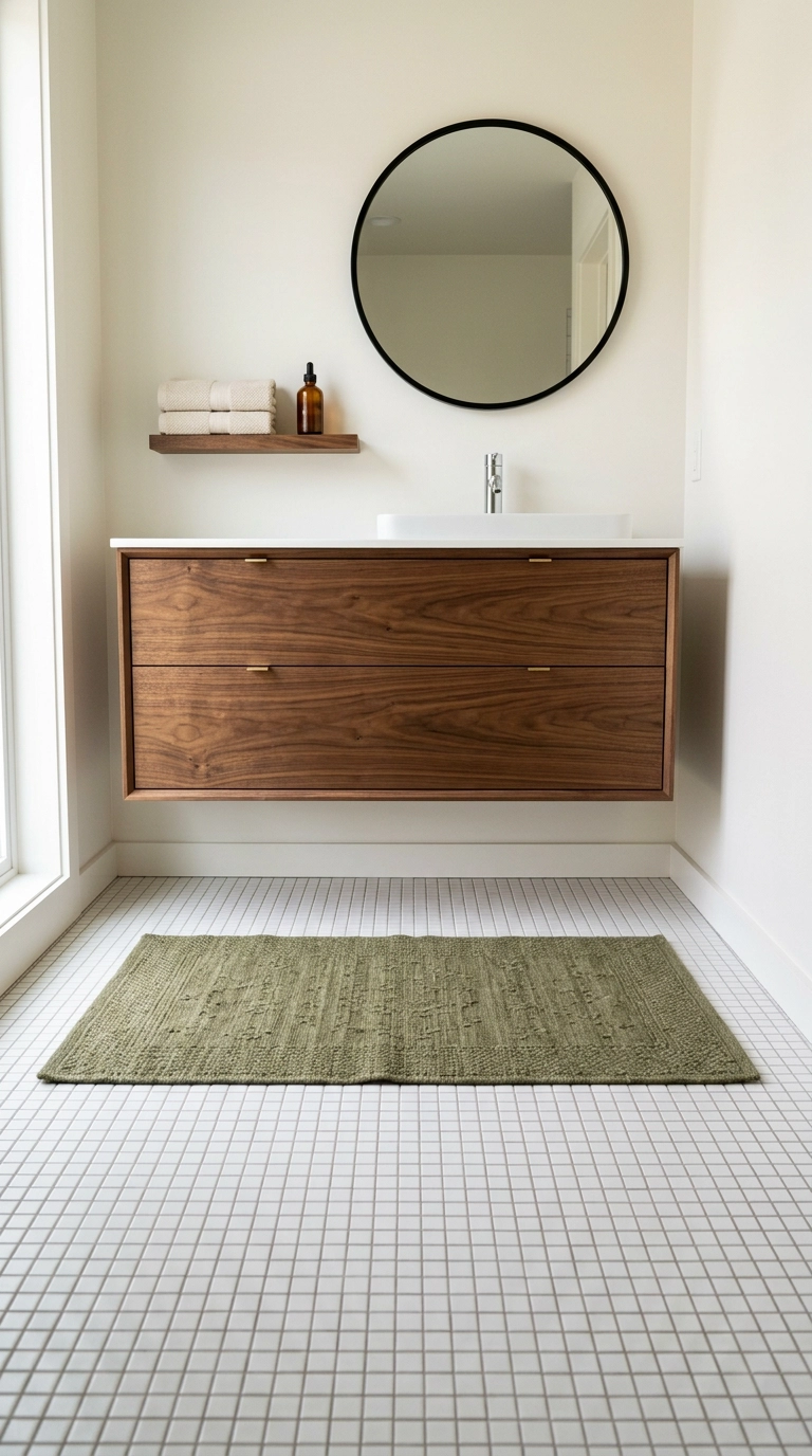 Olive green flatweave rug sized to match the width of a walnut floating vanity