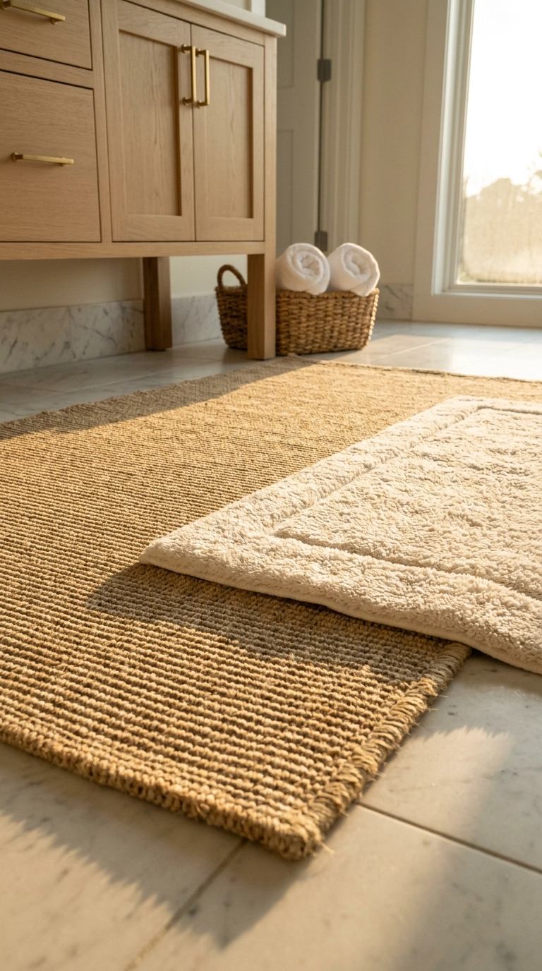 Ivory plush bath mat layered over a large sand-colored sisal-look rug in a coastal bathroom