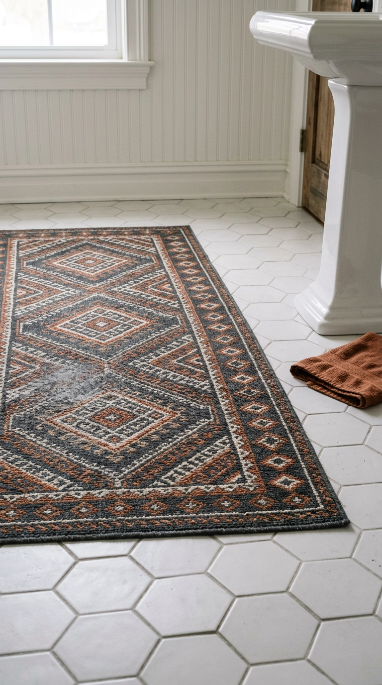 Busy small-scale patterned bathroom rug in charcoal and rust hiding damp patches