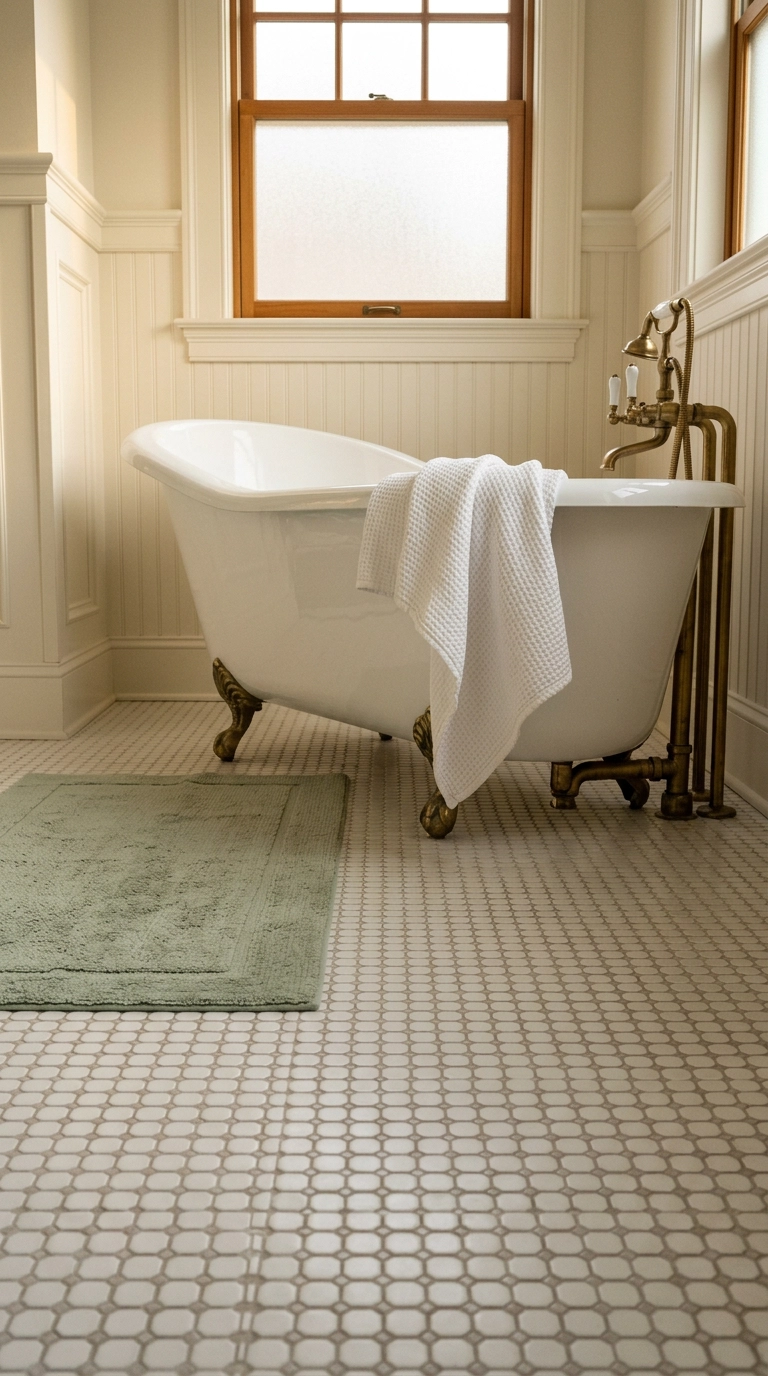 Soft sage rectangular rug laid parallel beside a freestanding white slipper tub