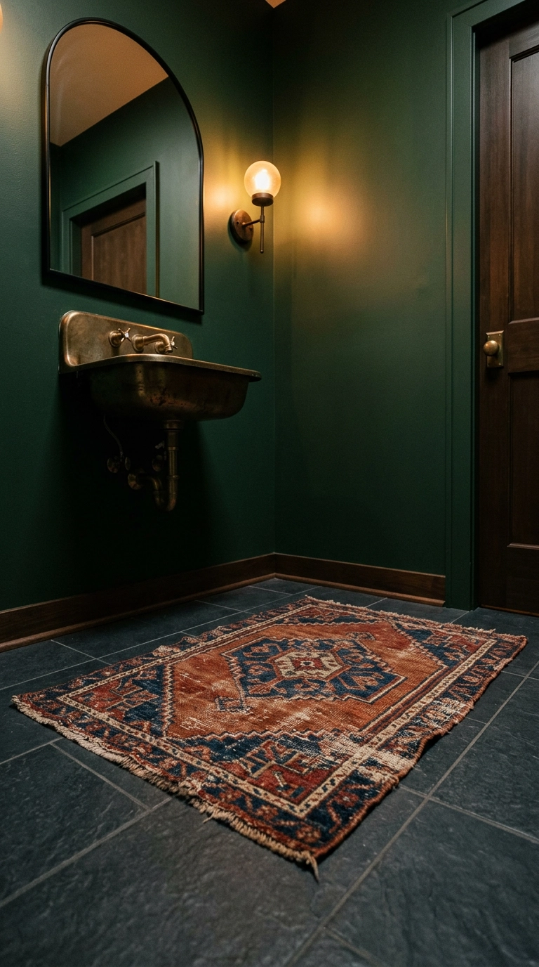 Faded vintage kilim in rust and indigo on charcoal tile in a moody green powder room