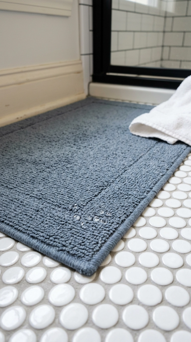 Close-up of water droplets beading on a slate blue polypropylene bathroom rug next to penny tile
