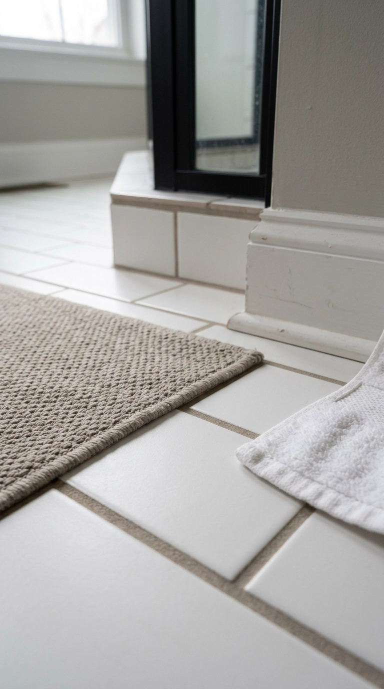 Warm greige bathroom rug matching the grout color on white tile