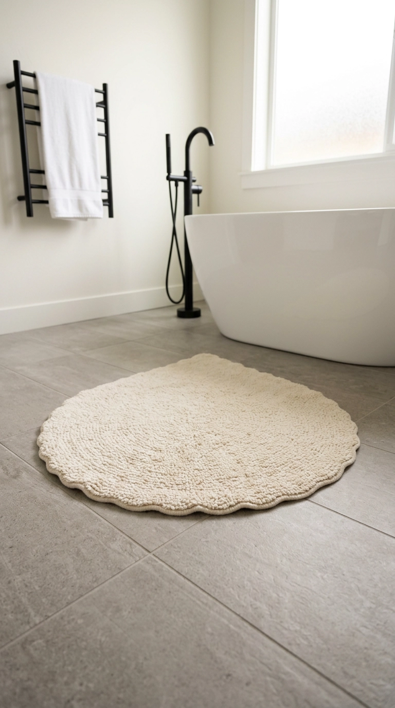 Ivory teardrop-shaped bathroom mat on warm gray porcelain tile beside a freestanding tub