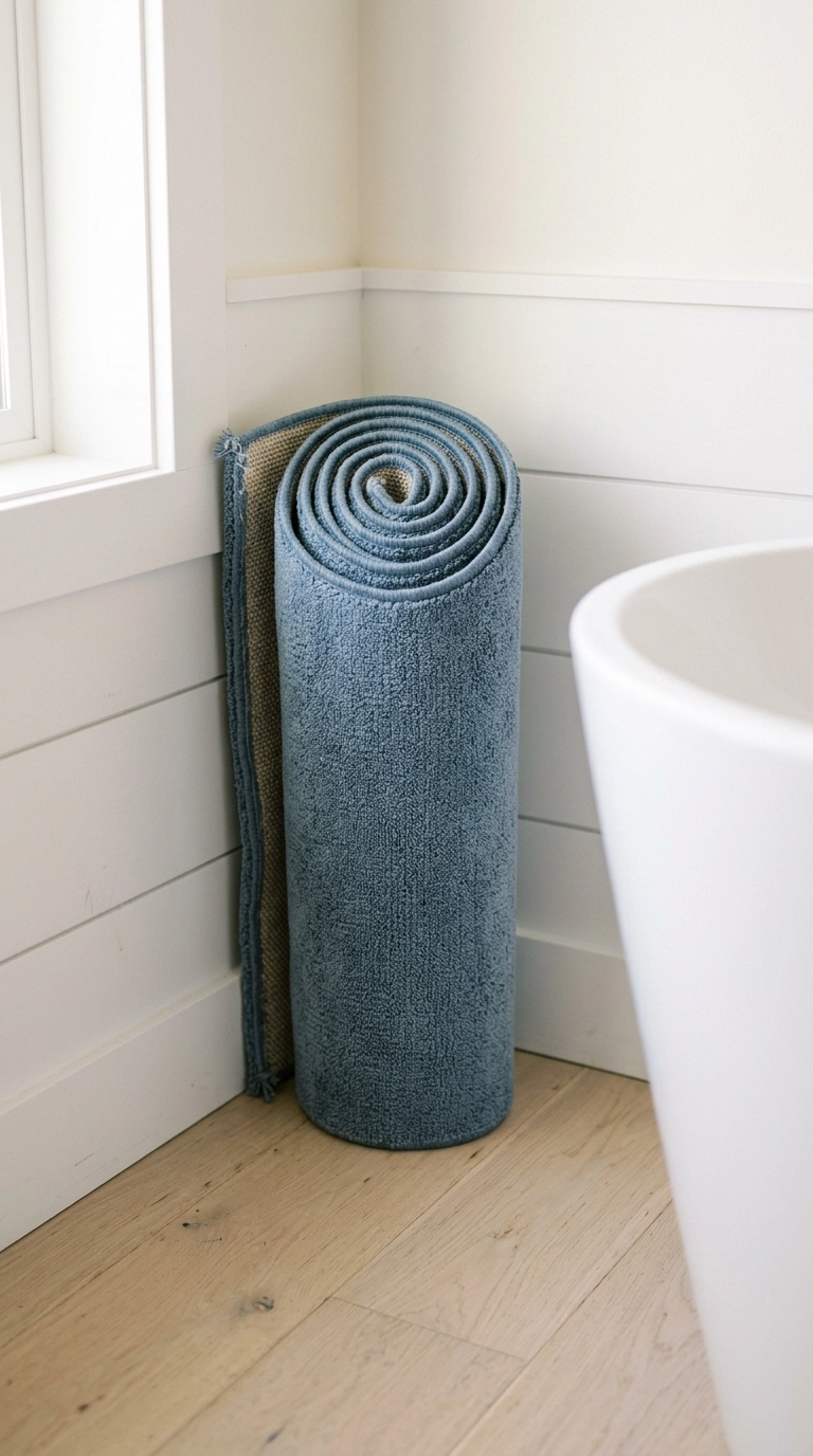 Slate blue bathroom rug rolled upright and stored in a corner