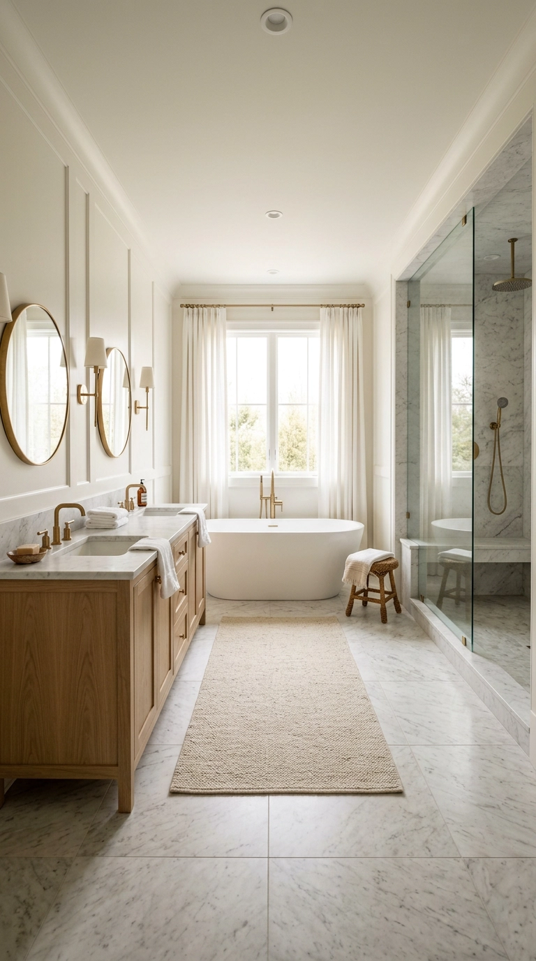 Wide view of a finished transitional bathroom with a warm bone rug at the base of the tub