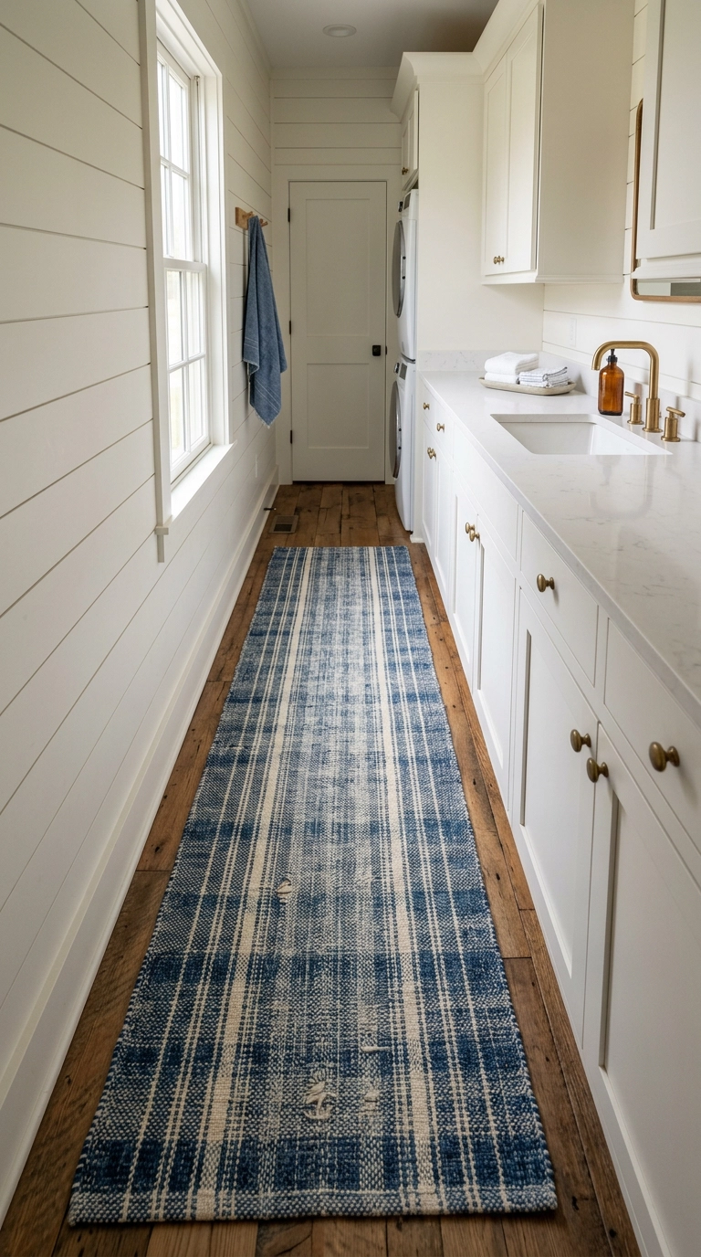 Indigo and white striped runner laid lengthwise behind a long bathroom counter