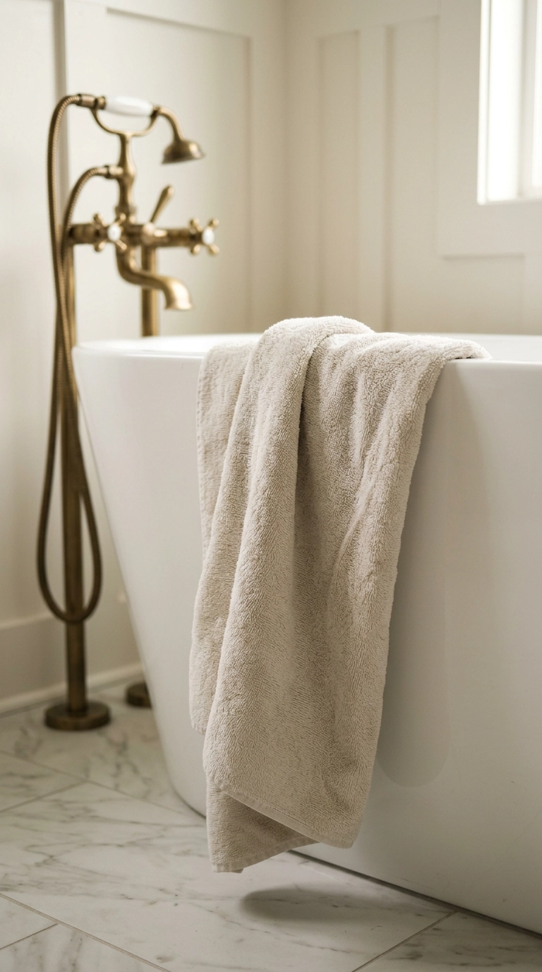 Ivory cotton bathroom rug draped over a tub edge to dry