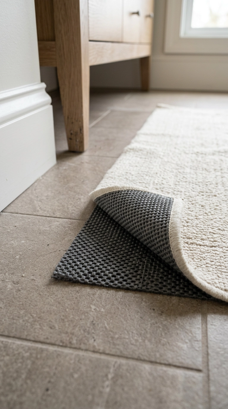 Corner of an ivory bathroom rug lifted to show the thin non-slip pad underneath