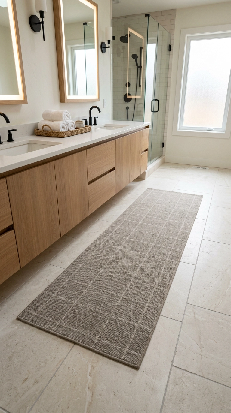 Long greige runner spanning the full width of a double vanity in a bright bathroom