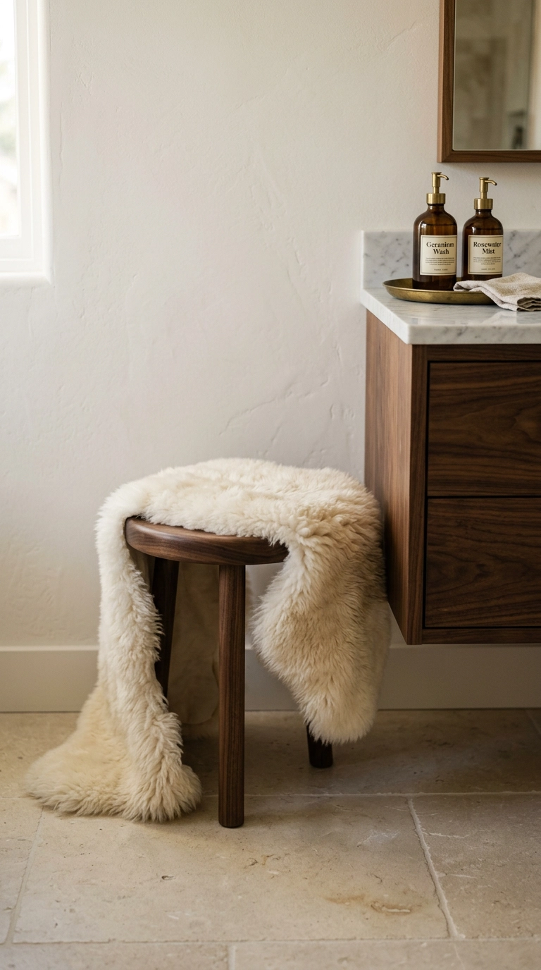Ivory sheepskin draped over a round walnut vanity stool in a warm bathroom corner