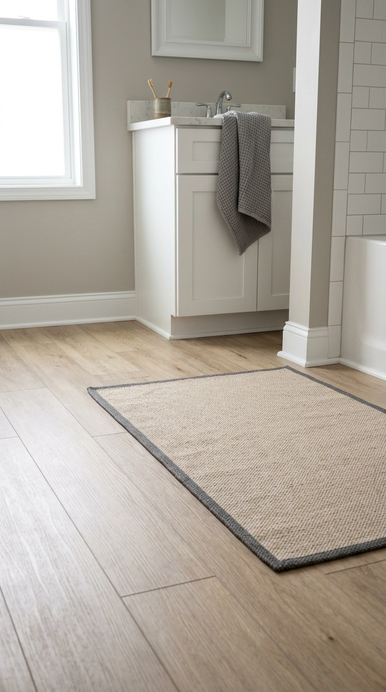 Oatmeal washable cotton flatweave rug with charcoal border on light oak bathroom flooring