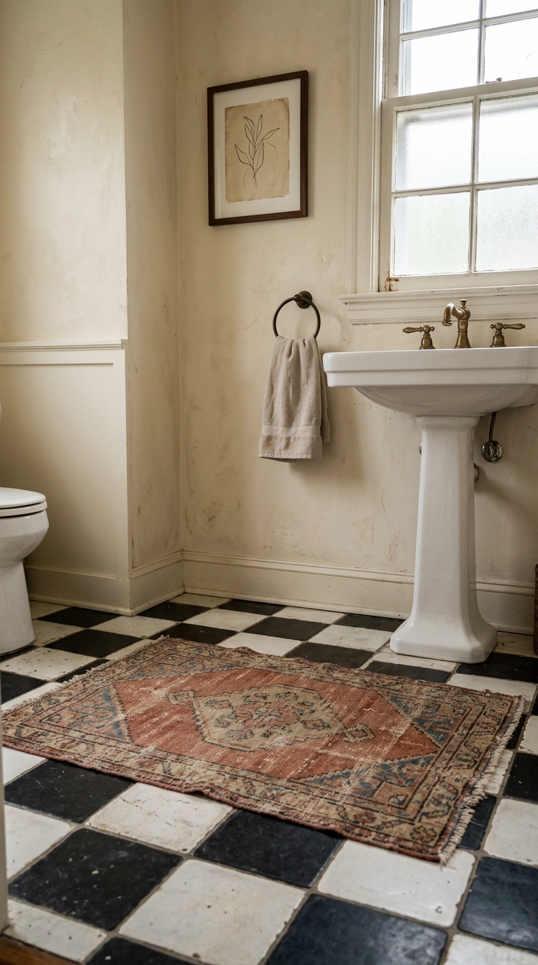 Small faded terracotta vintage-style rug on checkerboard tile beside a pedestal sink