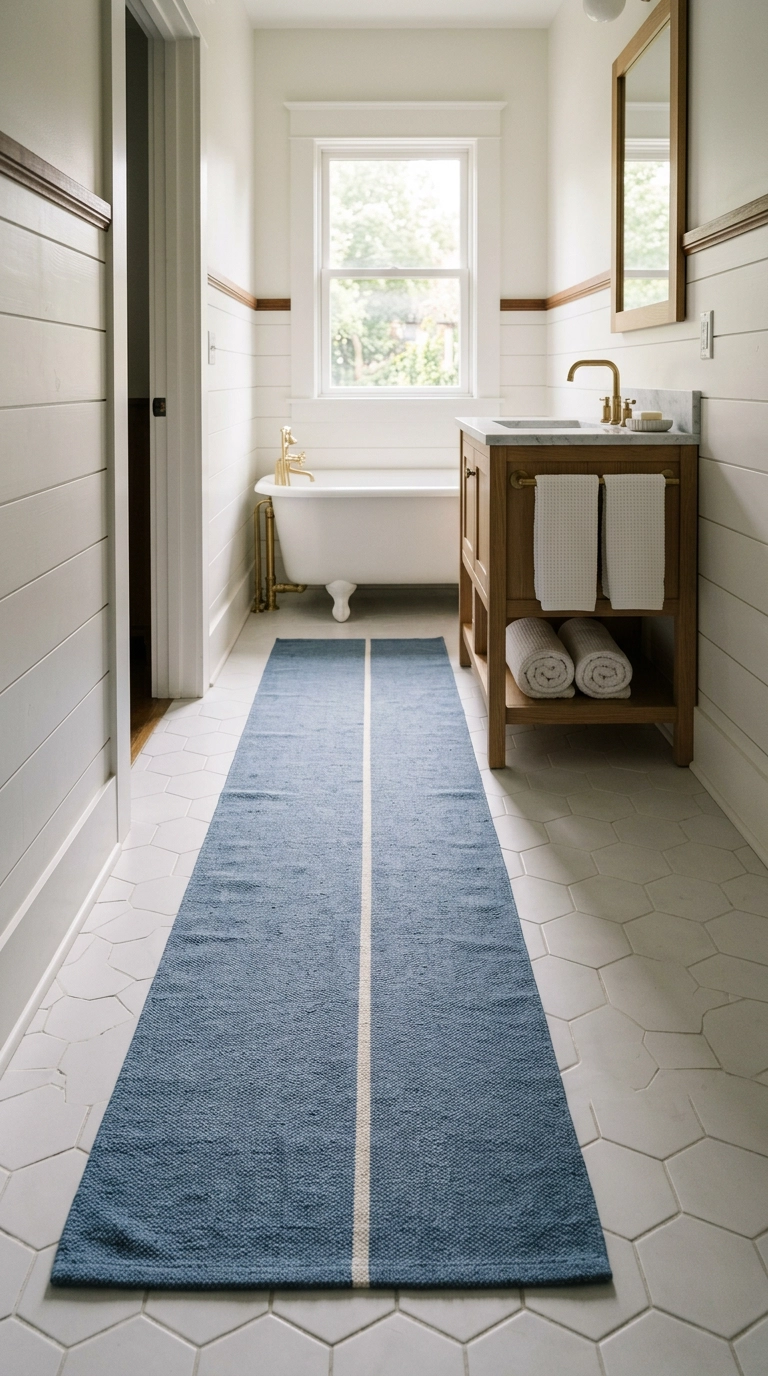 Long indigo and ivory cotton runner down the center of a narrow farmhouse bathroom