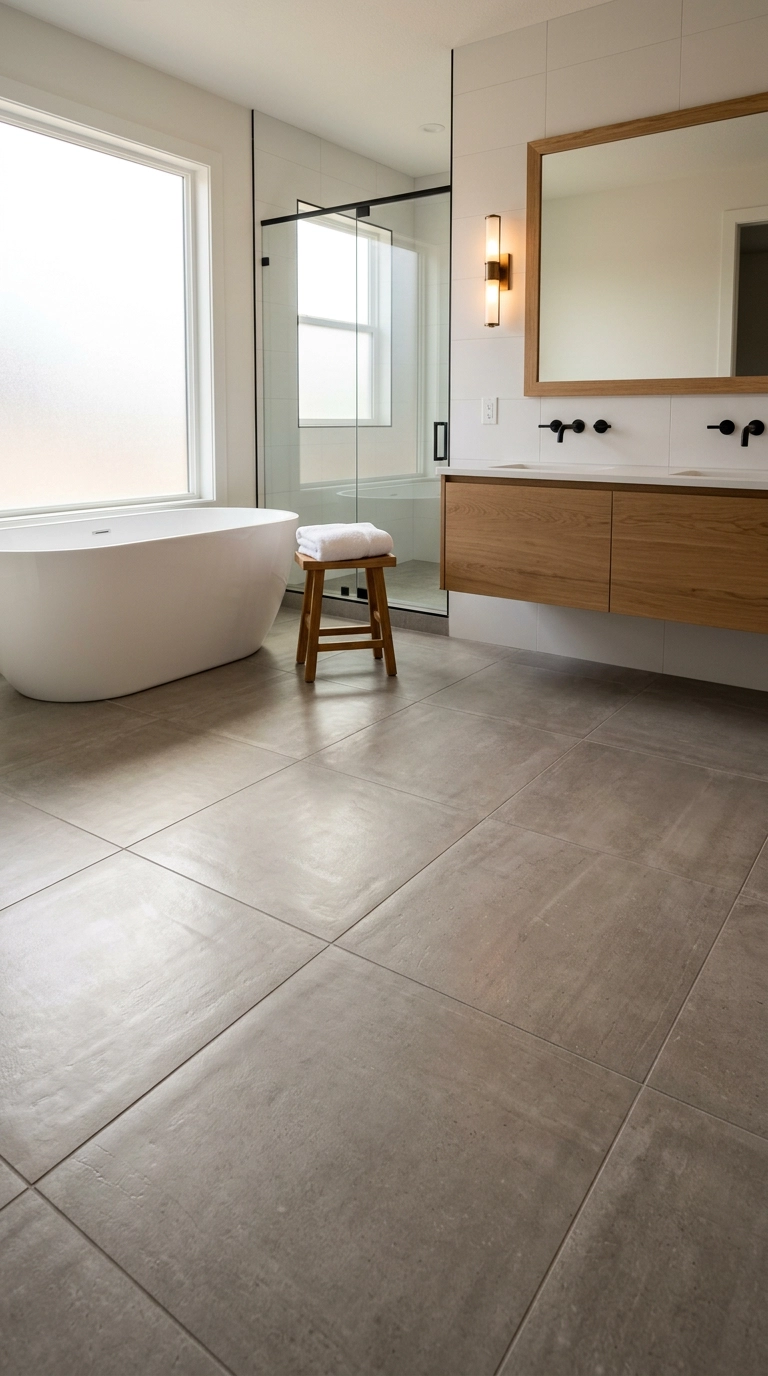 Warm minimalist bathroom with bare heated tile floor and no rug at all
