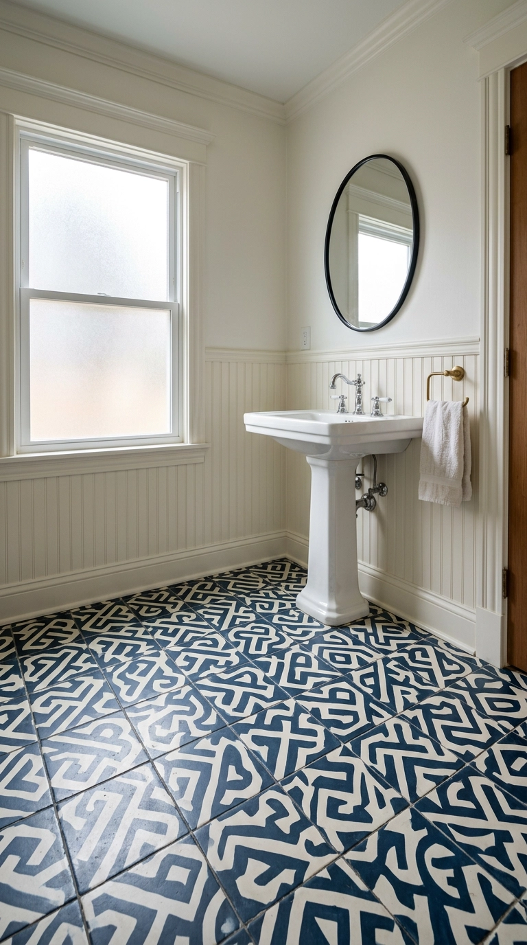 Patterned navy and bone cement tile bathroom floor left completely bare