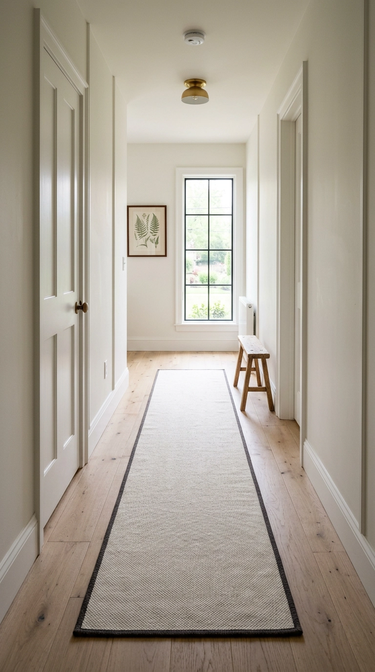 Long ivory runner with charcoal border leading down a hallway to a bathroom corridor