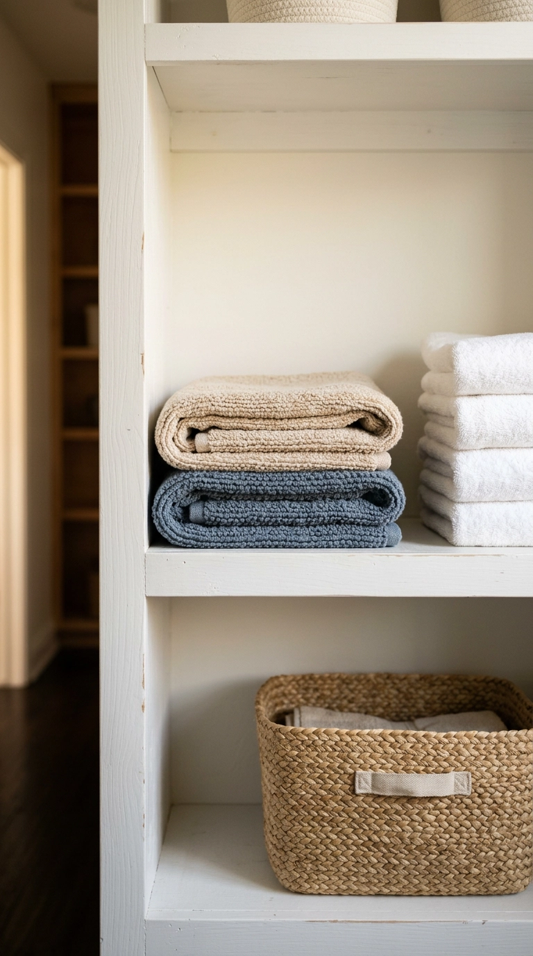 Two folded cotton bathroom rugs in oatmeal and slate blue stacked on a linen shelf