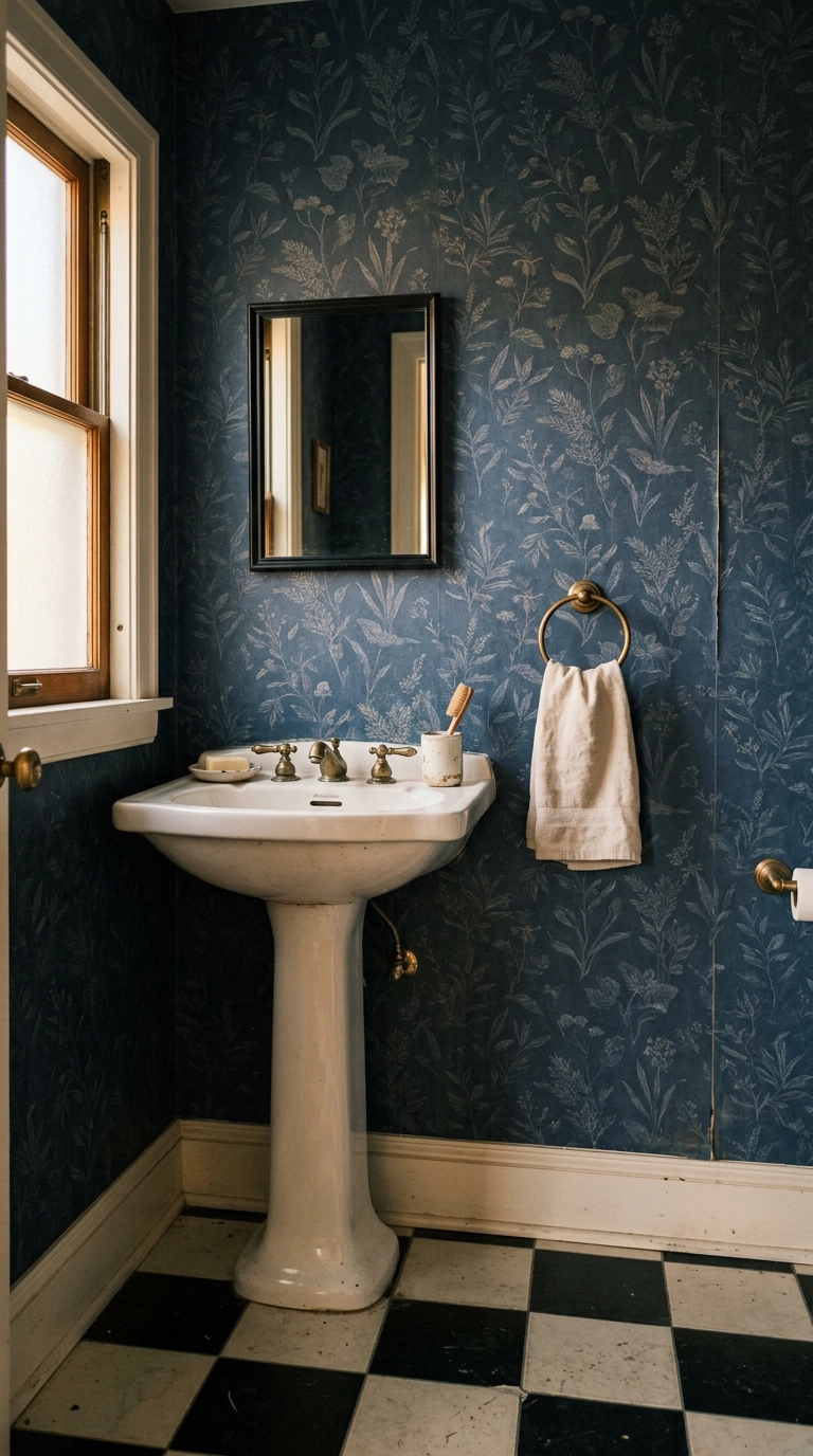 Lived-in powder room with muted navy botanical wallpaper softening slightly at one seam