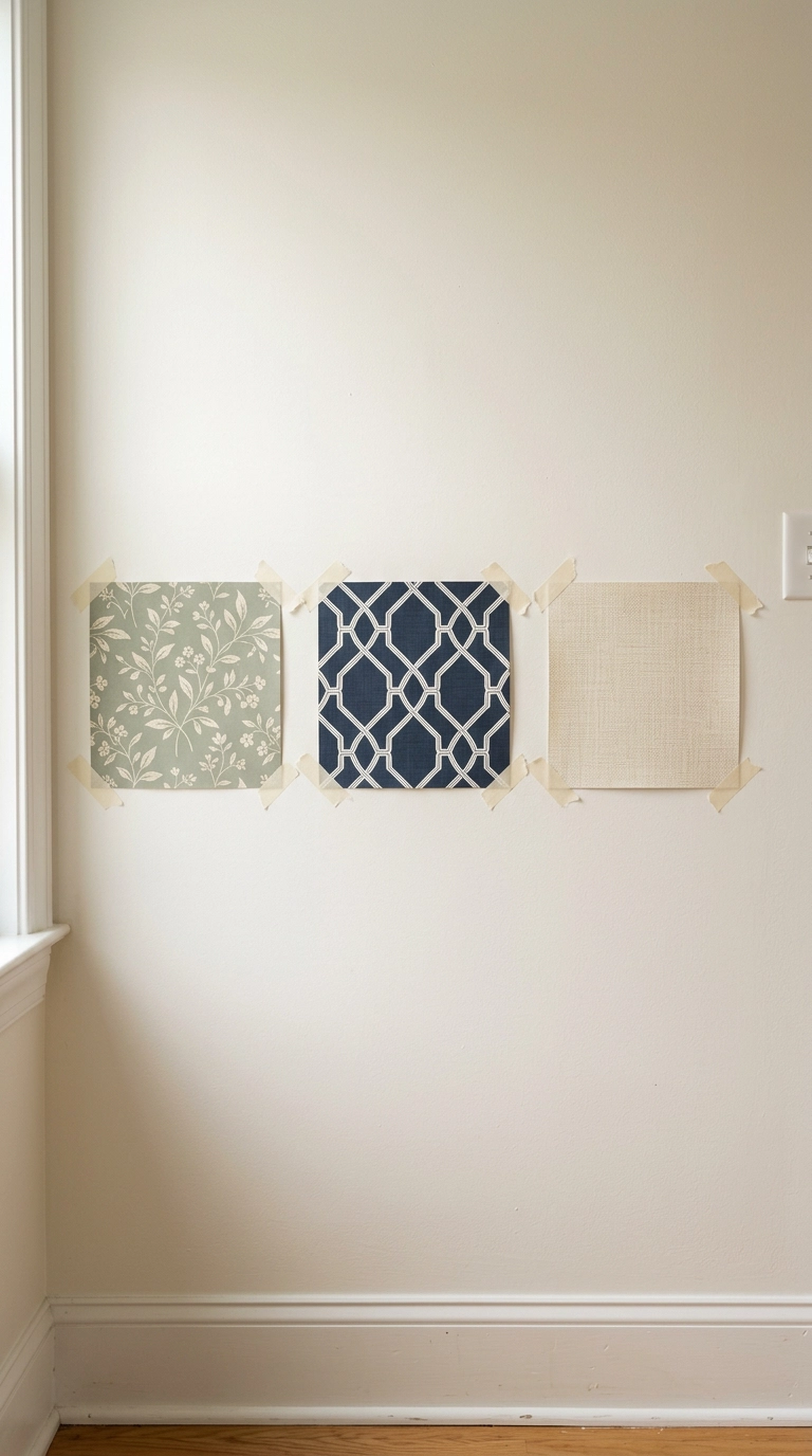 Three wallpaper samples taped to a bathroom wall for comparison