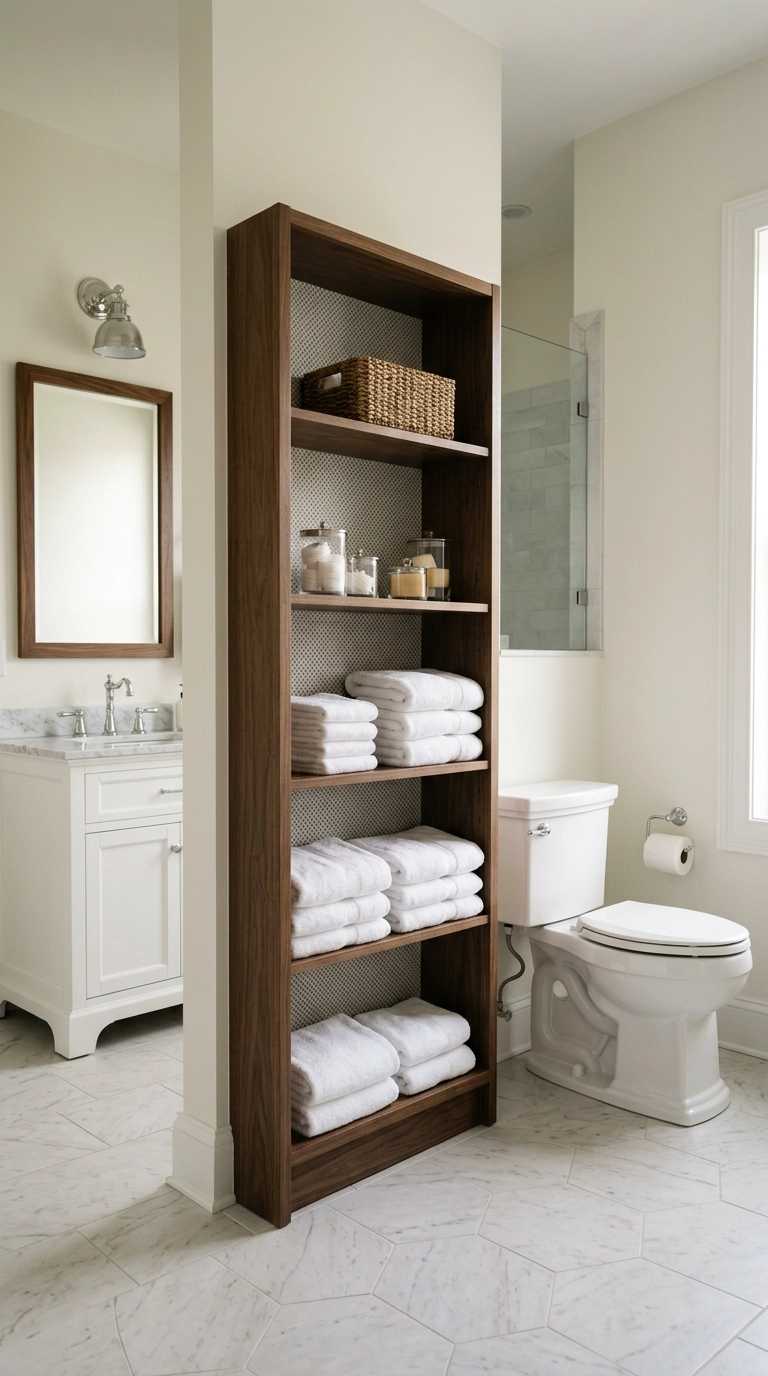 Open shelving divider with a geometric papered back panel splitting a shared bathroom
