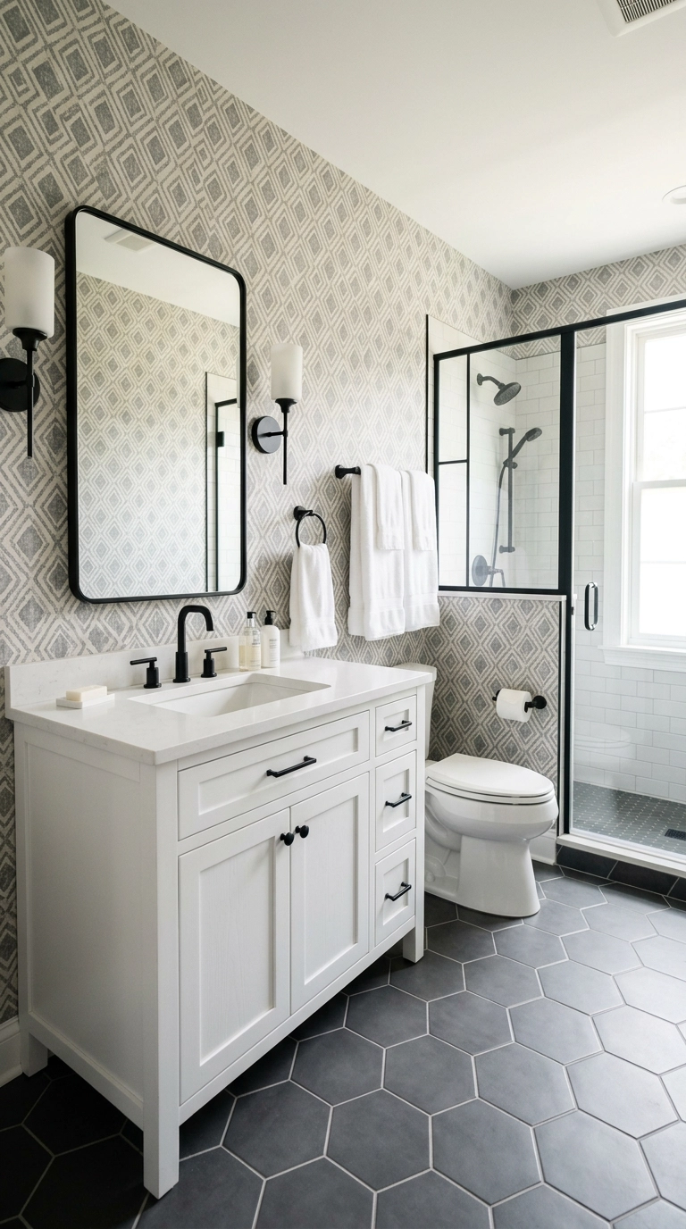 Charcoal and bone geometric wallpaper matched to the charcoal hexagon floor tile below