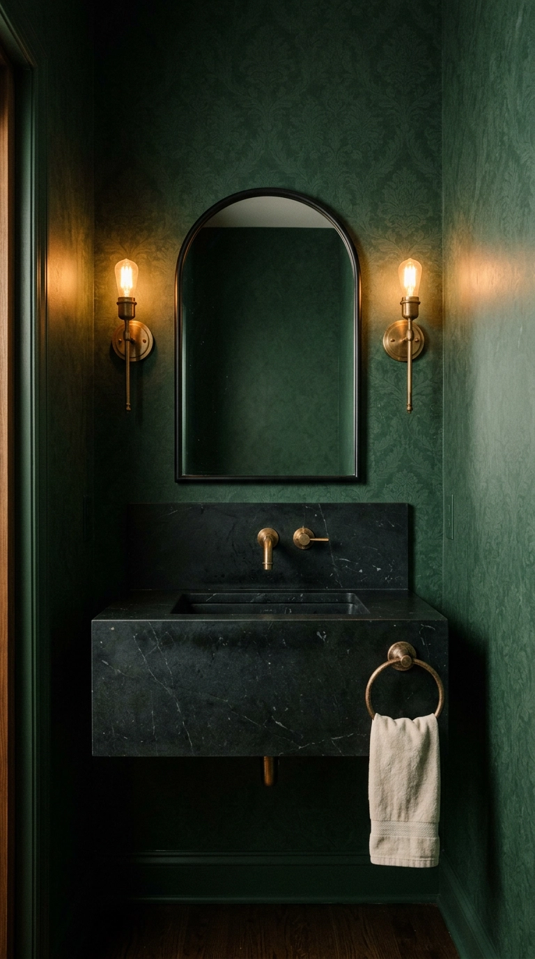 Windowless powder room in deep forest green damask wallpaper with brass sconces