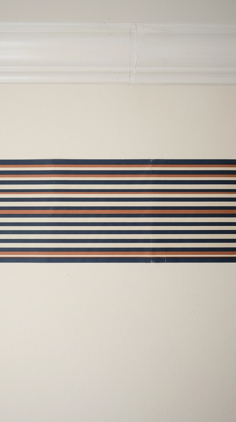 Navy and terracotta striped wallpaper border running below the ceiling in a bathroom