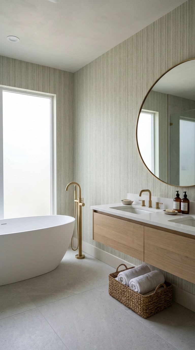 Serene primary bathroom in soft tonal sage wallpaper with a white freestanding tub