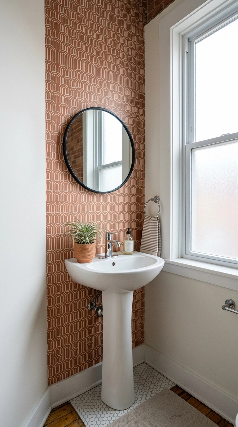 Rental bathroom with terracotta peel-and-stick geometric accent wall behind a pedestal sink