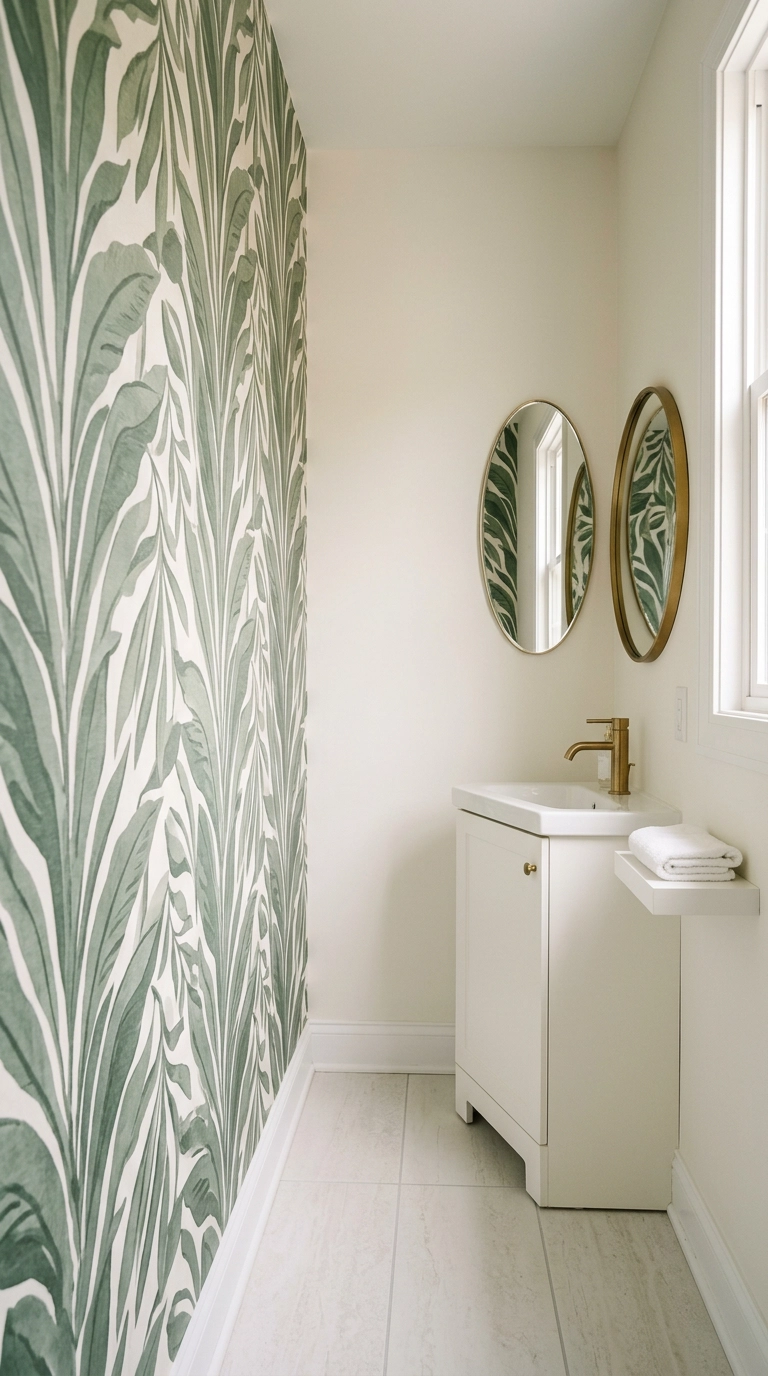 Single wall papered in oversized sage botanical print in a narrow bathroom