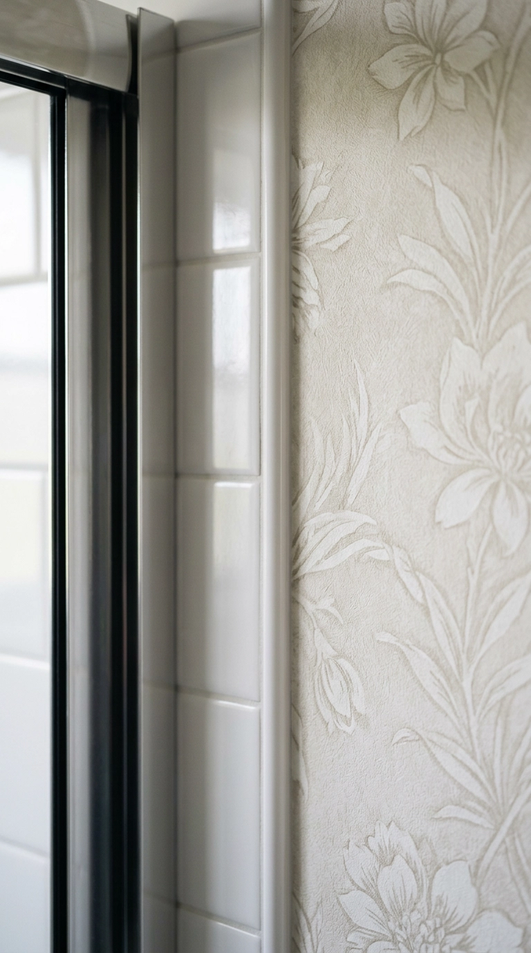 Clear caulk line sealing the edge where wallpaper meets shower tile