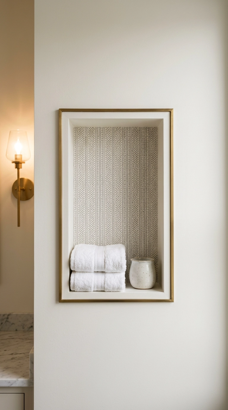 Recessed bathroom niche with a patterned bone and charcoal papered back panel