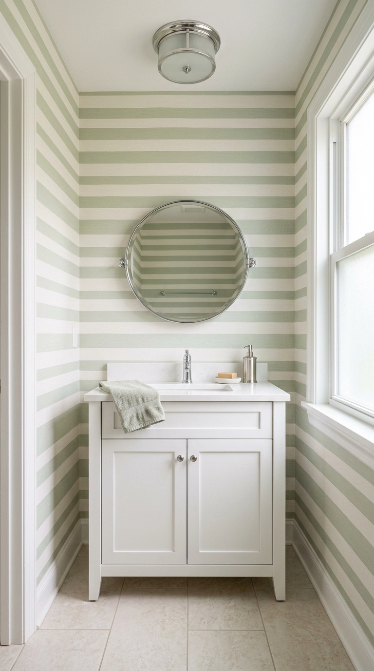Bathroom walls papered in horizontal warm white and pale sage stripes
