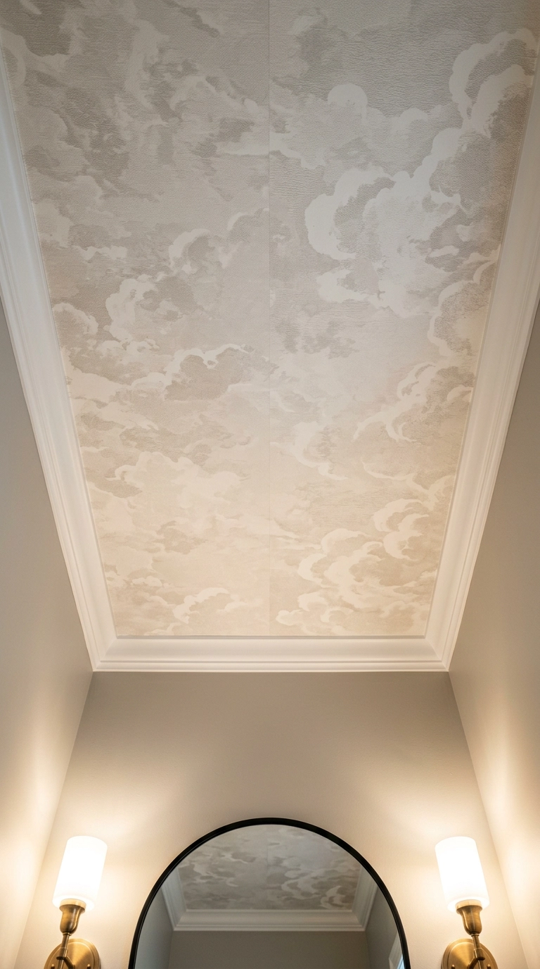 Powder room ceiling papered in a soft bone and grey cloud pattern above greige walls