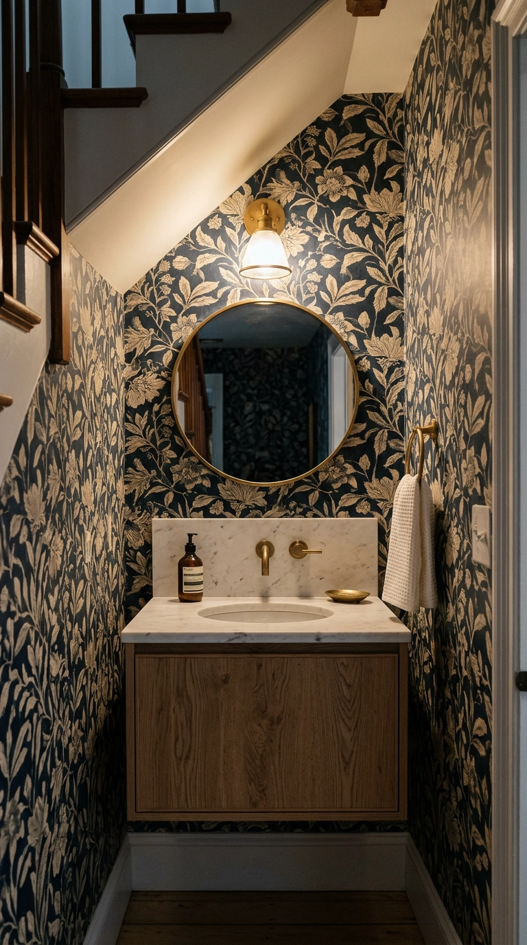 Small powder room wrapped in navy botanical wallpaper with a white oak vanity and brass faucet