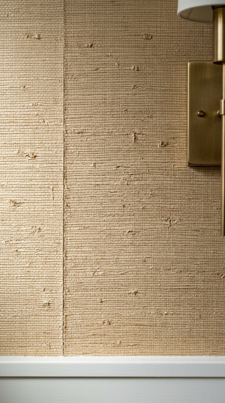 Close-up of natural oat grasscloth wallpaper with visible woven fibers in a powder room