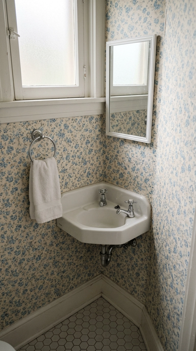 Tiny half bathroom papered in a small-scale blue and bone ditsy floral