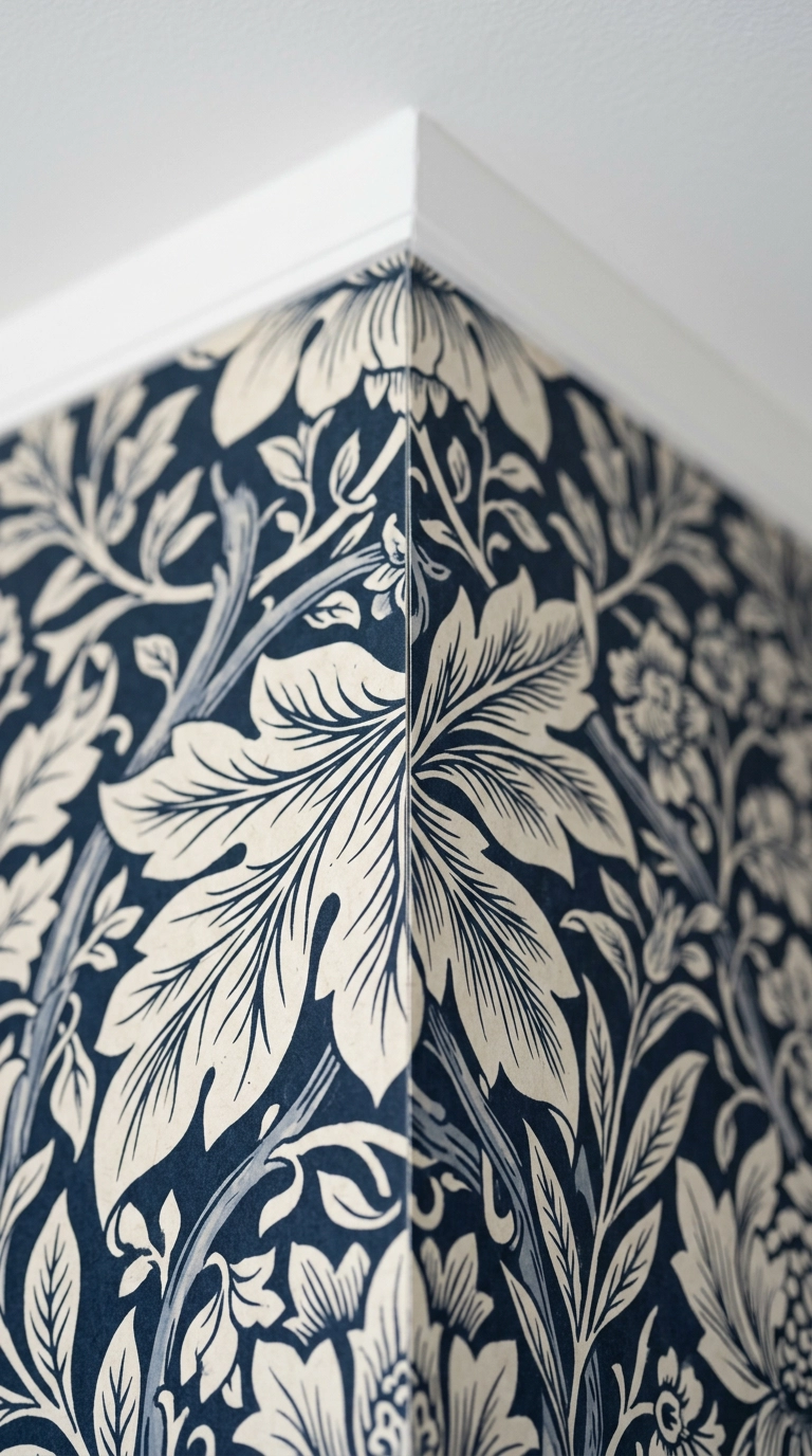 Perfectly matched wallpaper seam where a navy botanical pattern continues unbroken